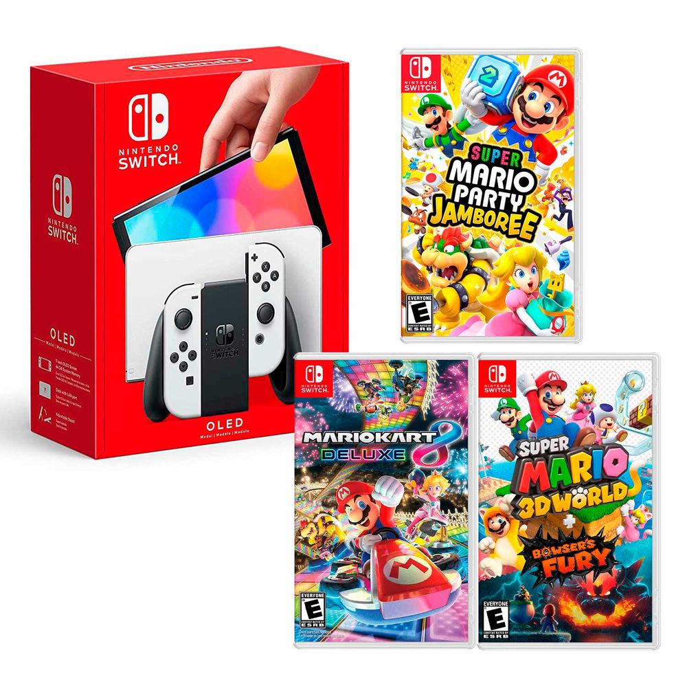 Nintendo Switch Modelo Oled Blanco + Mario Party Jamboree+ Mario Kart 8 + Mario Fury