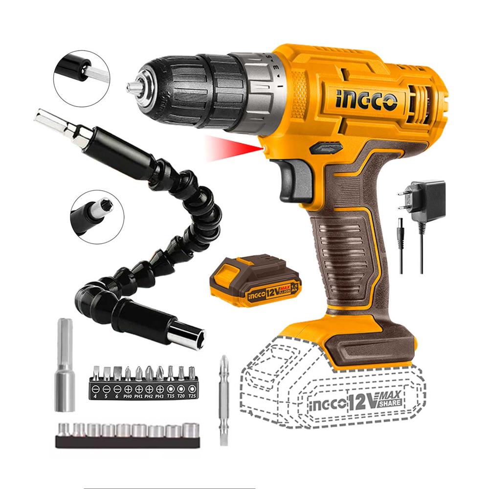 Taladro Atornillador 12v Ingco Inalámbrico + 21 Accesorios