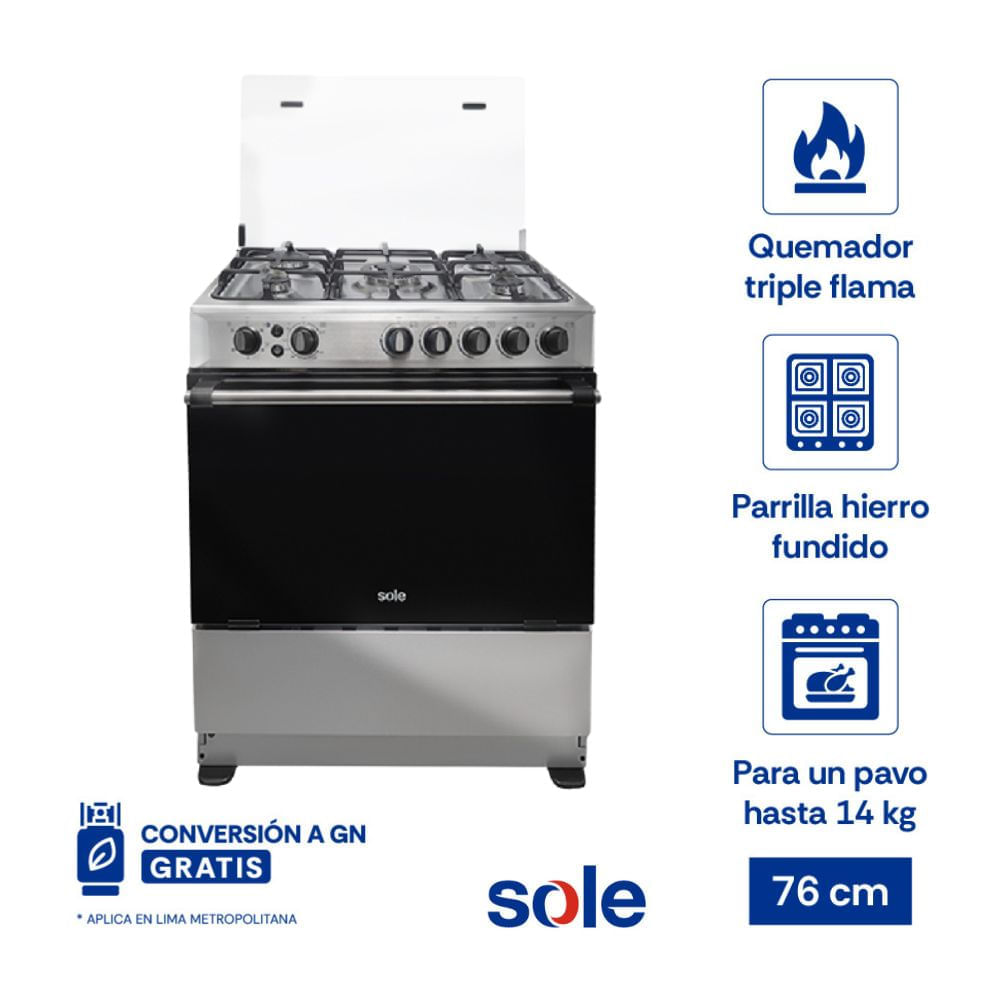 Cocina de Pie Sole Dubai 5 Hornillas 76cm Acero Inoxidable Gas