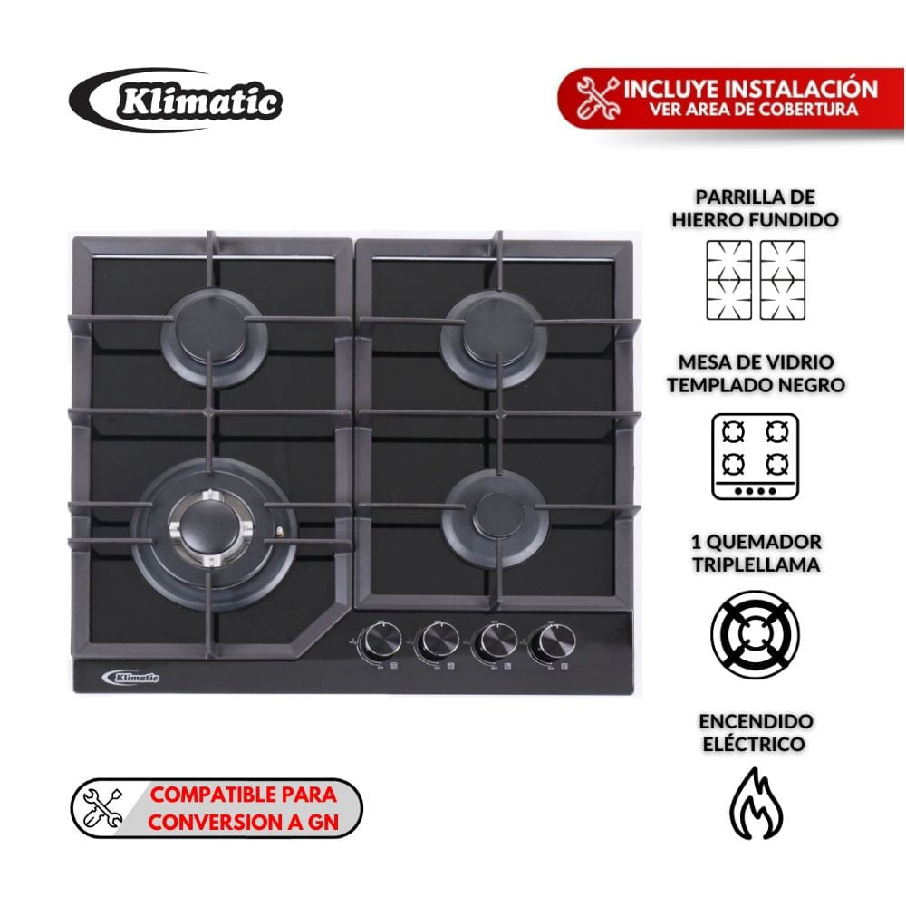 Cocina Empotrable Klimatic Aleesia 4 Hornillas a Gas Negro