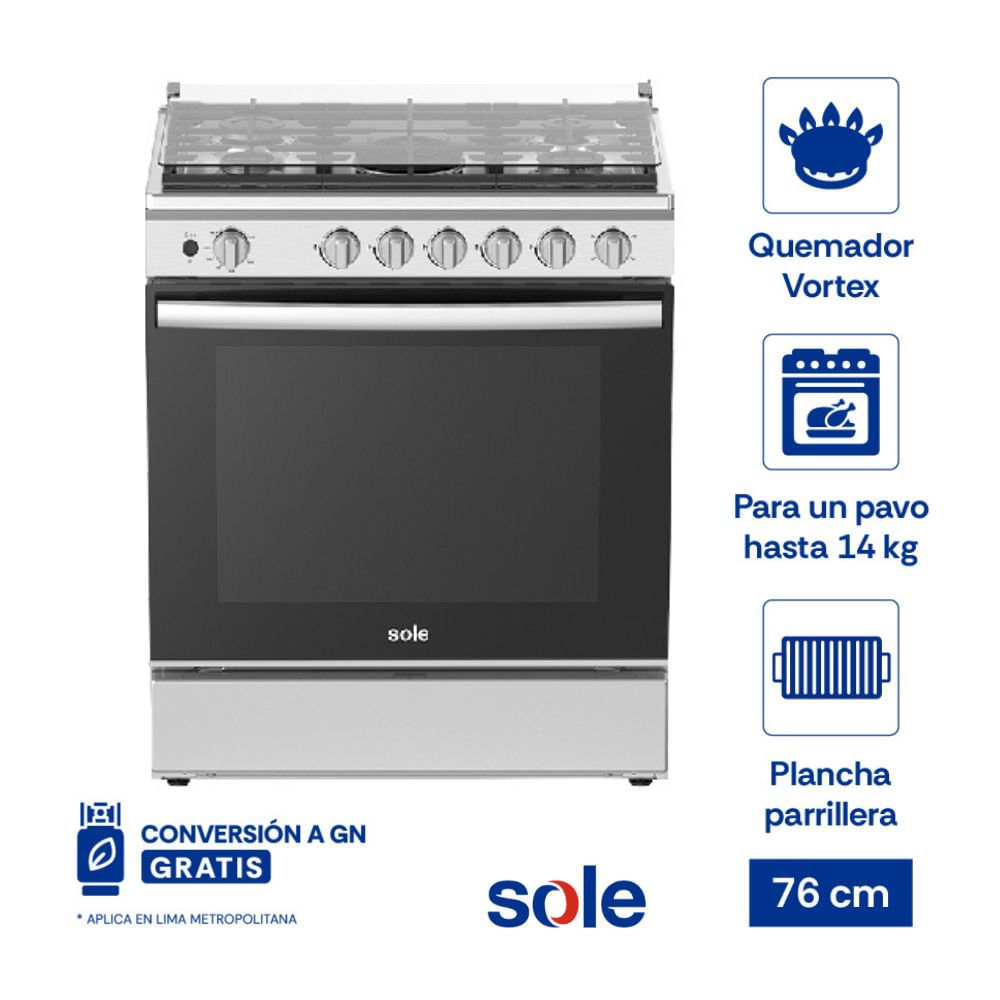 Cocina de Pie a Gas Sole Niza 5 Hornillas Acero 76cm Gris | con Horno