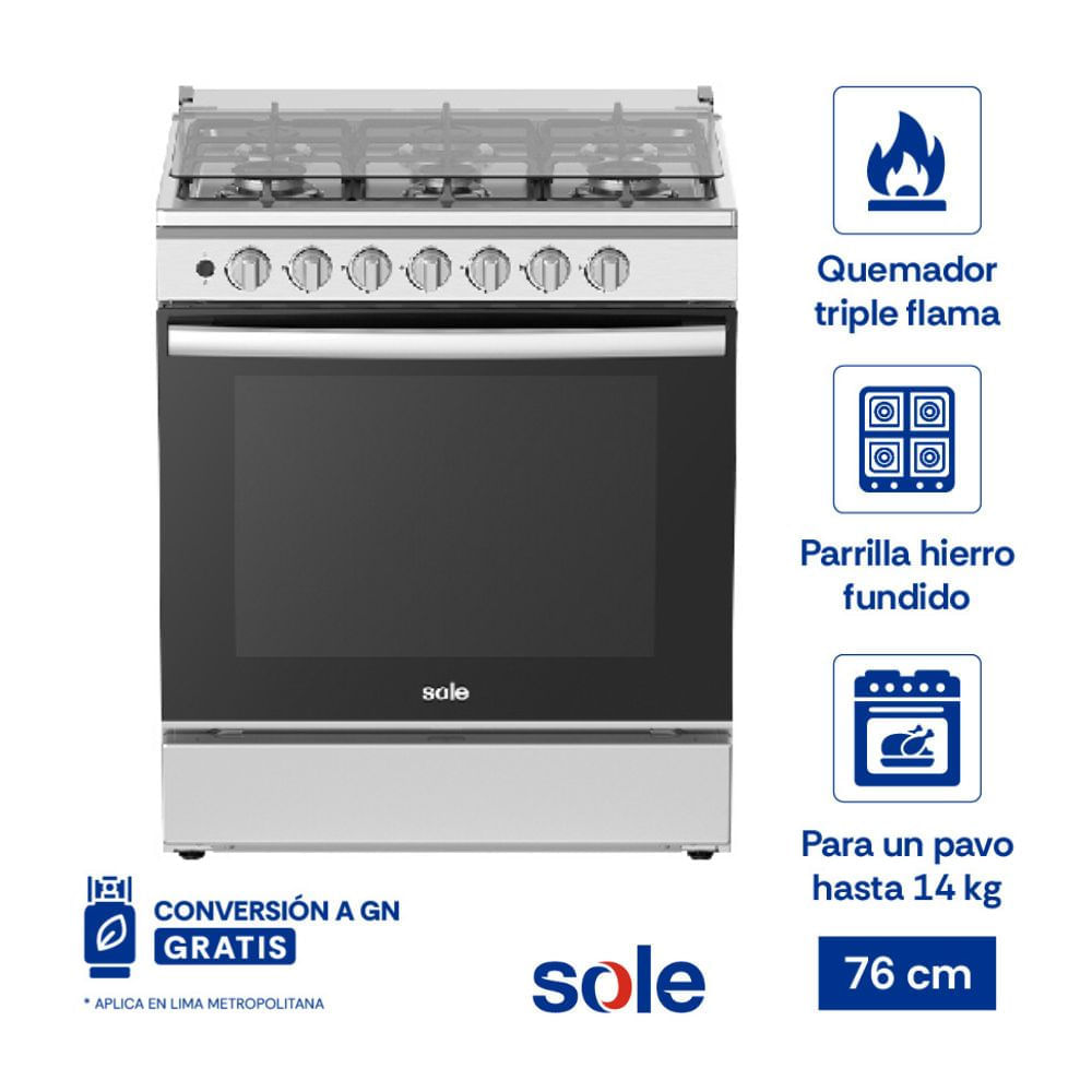 Cocina de Pie a Gas Sole Aruba 6 Hornillas Acero 76cm Gris | con Horno