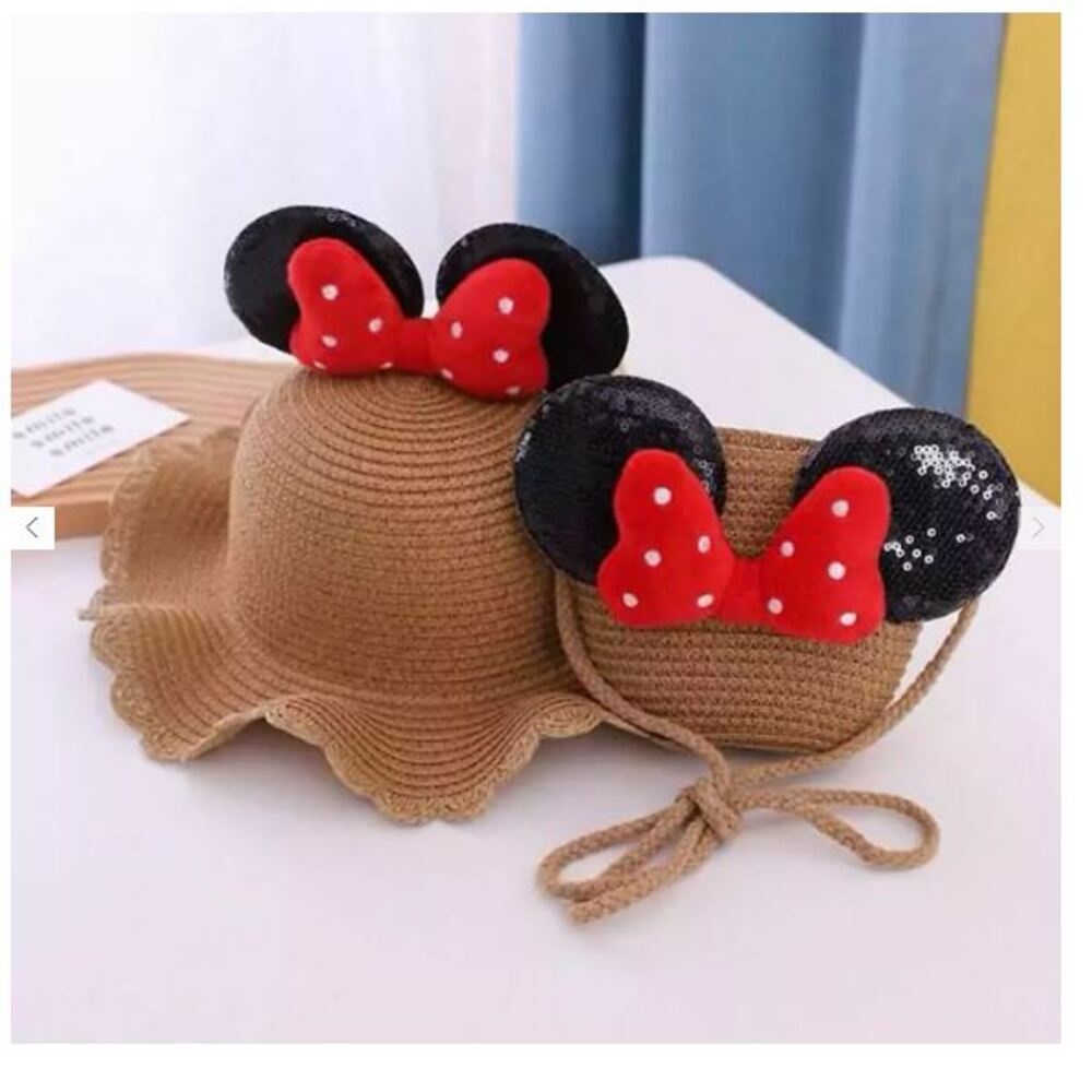 Sombrero de Paja con Bolso de Moño Rojo para Niña Marron