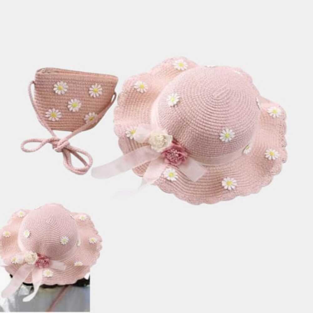 Sombrero de Paja con Bolso de Florcitas para Niña Rosado