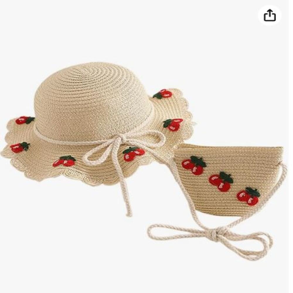 Sombrero de Paja con Bolso de Cereza para Niña  Beige