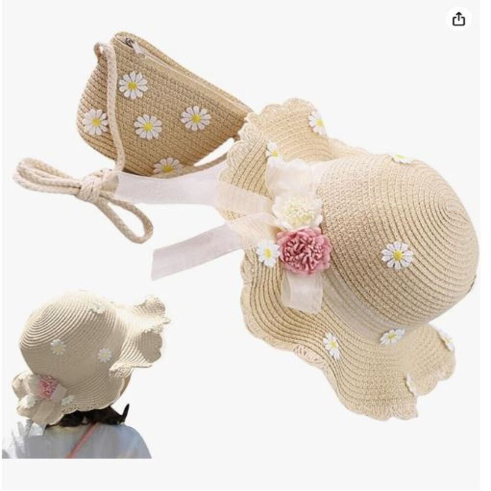 Sombrero de Paja con Bolso de Florcitas para Niña Beige