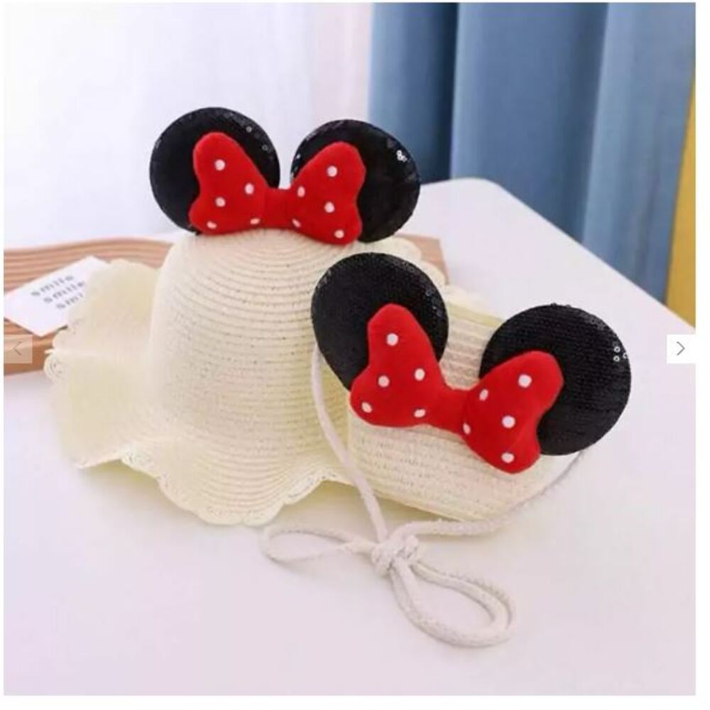 Sombrero de Paja con Bolso de Moño Rojo para Niña  Beige