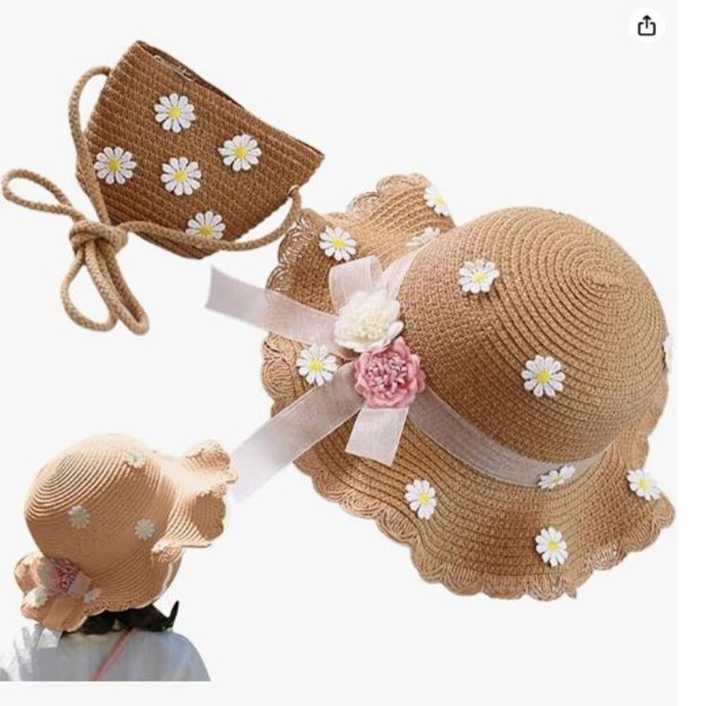 Sombrero de Paja con Bolso de Florcitas para Niña Marron