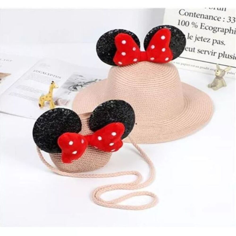 Sombrero de Paja con Bolso de Moño Rojo para Niña Rosado