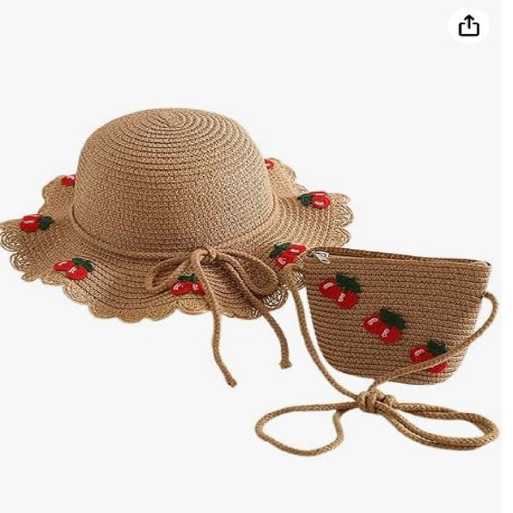 Sombrero de Paja con Bolso de Cereza para Niña  Marron