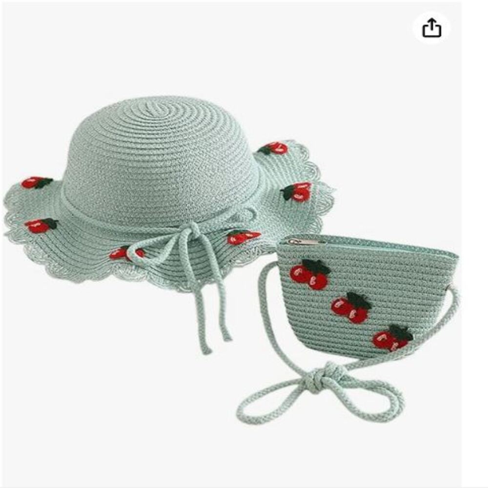Sombrero de Paja con Bolso de Cereza para Niña  Verde