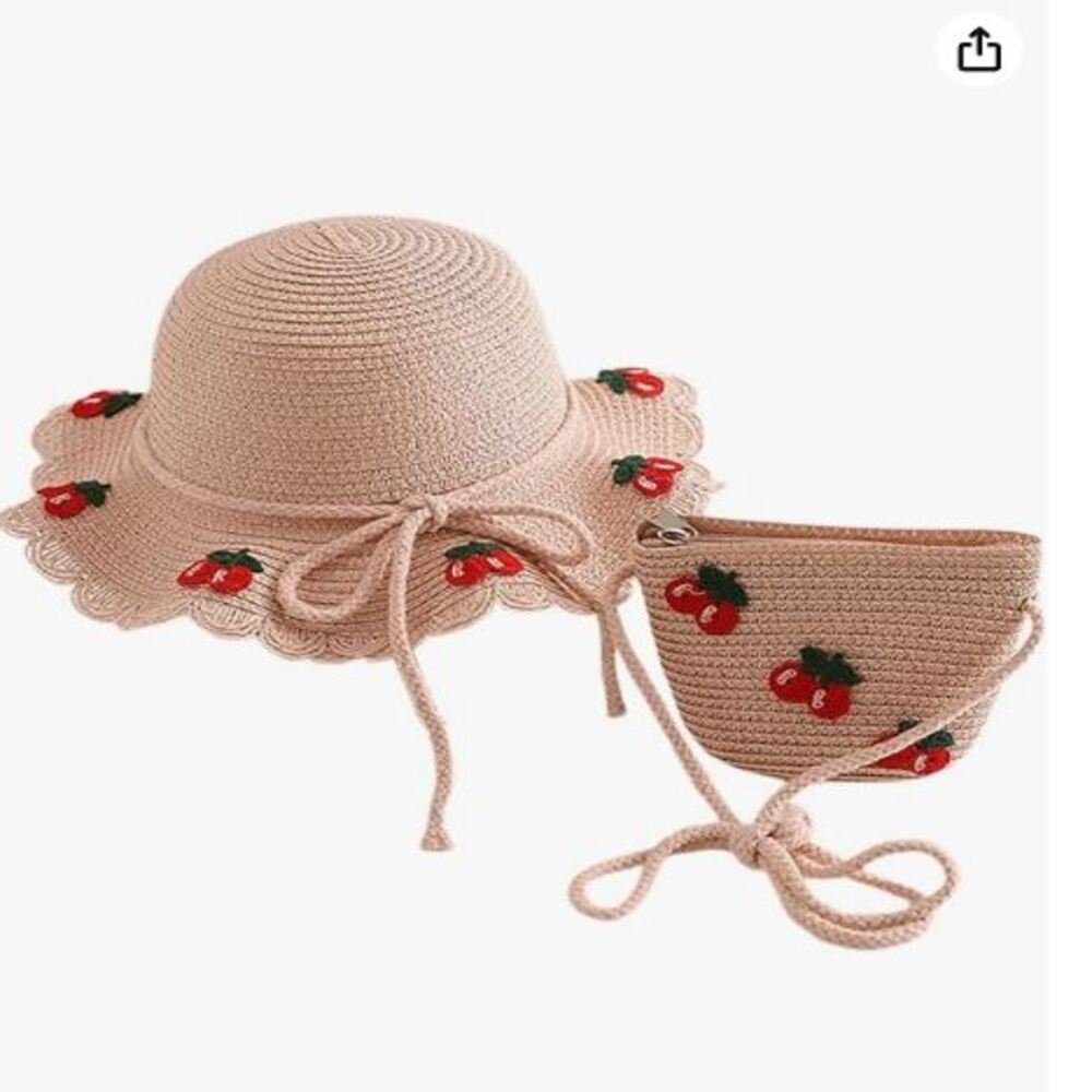 Sombrero de Paja con Bolso de Cereza para Niña Rosado