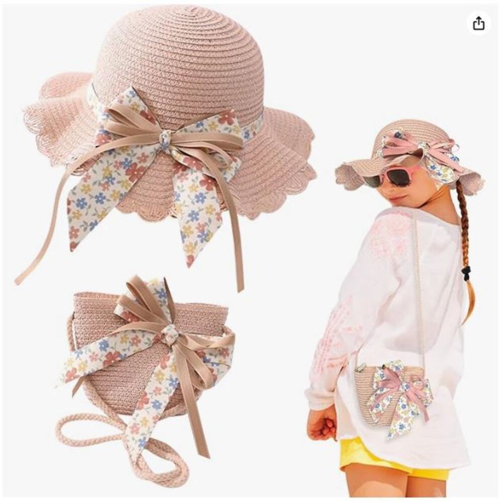 Sombrero De Paja Bolsa con Lazo para Niñas Rosado