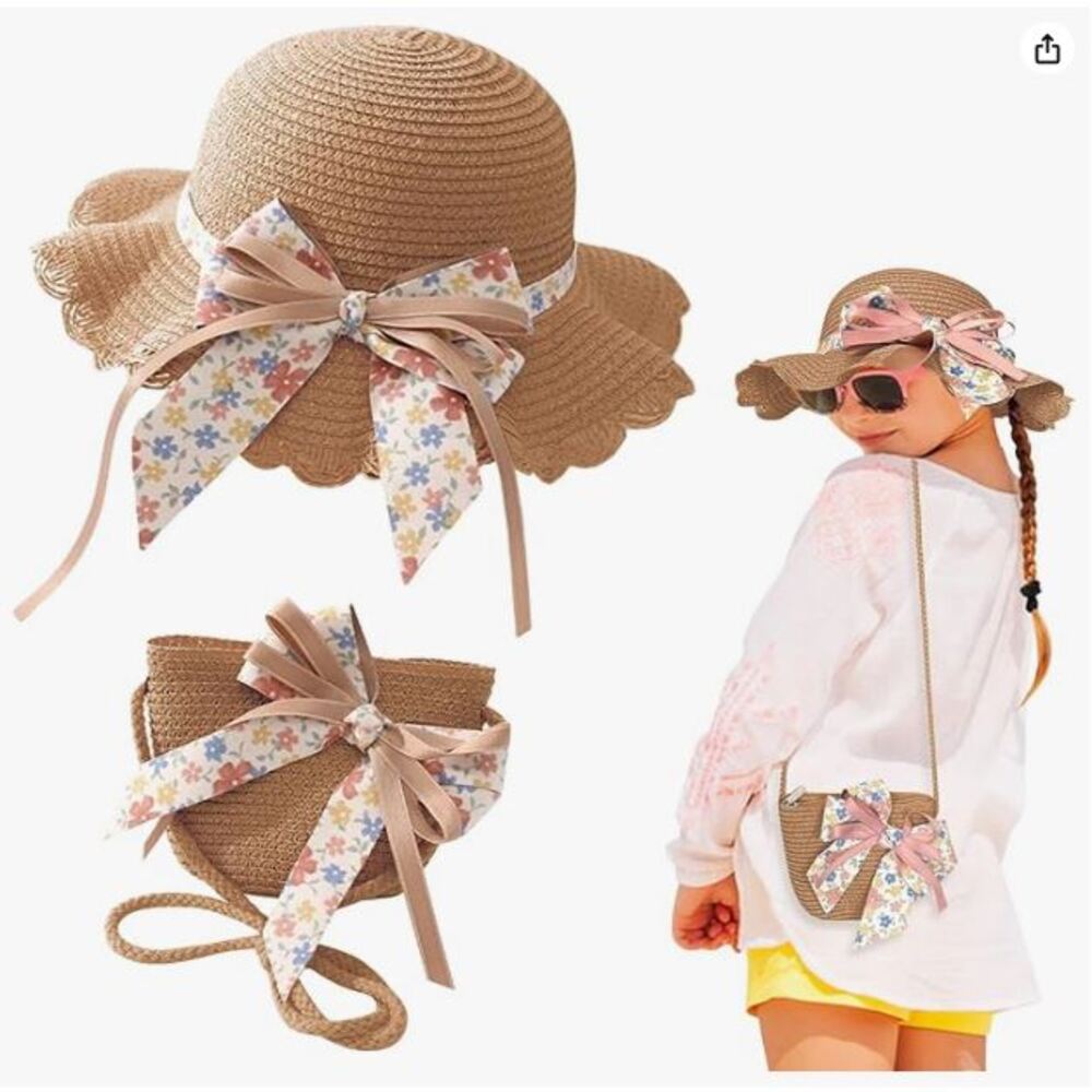 Sombrero De Paja Bolsa con Lazo para Niñas Marron