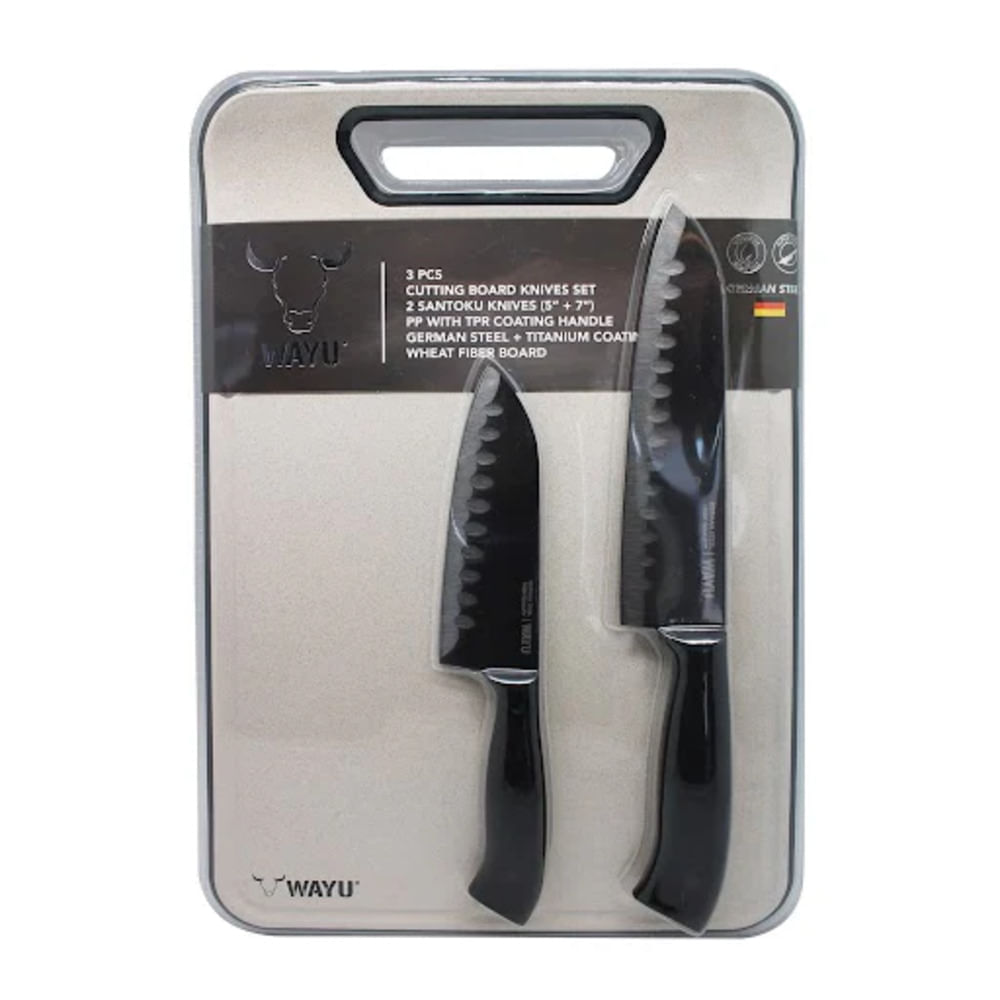 Set Cuchillos Santoku + Tabla De Picar Wayu