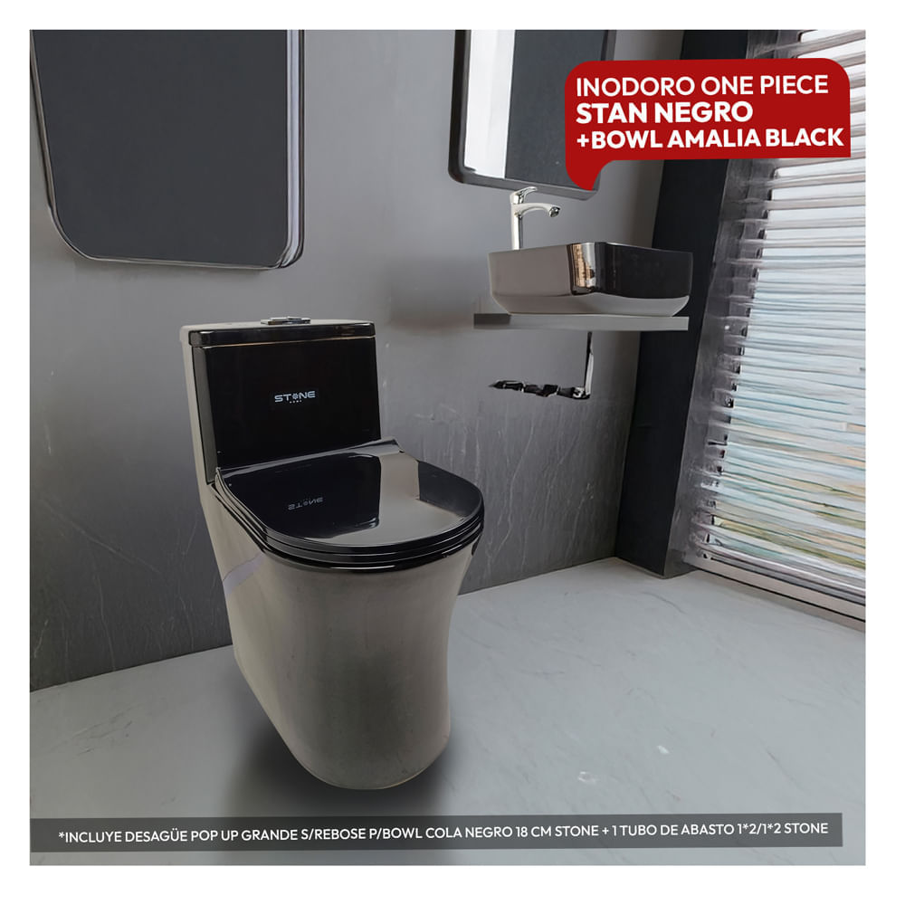 Combo De Inodoro One Piece Stan Negro + Bowl Amalia Black + Desague Pop up Cola Negro Stone