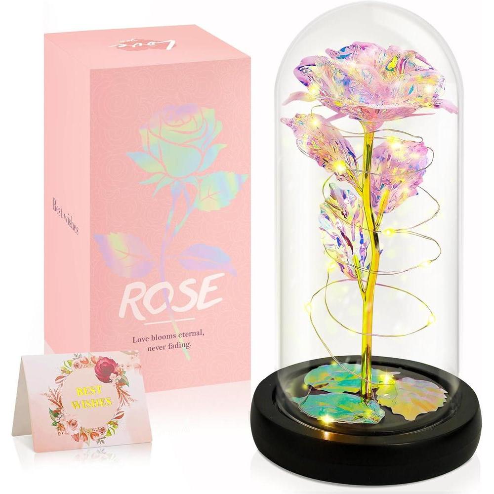 Flor de rosa eterna en domo de cristal con luz LED, regalo ideal para ocasiones especiales