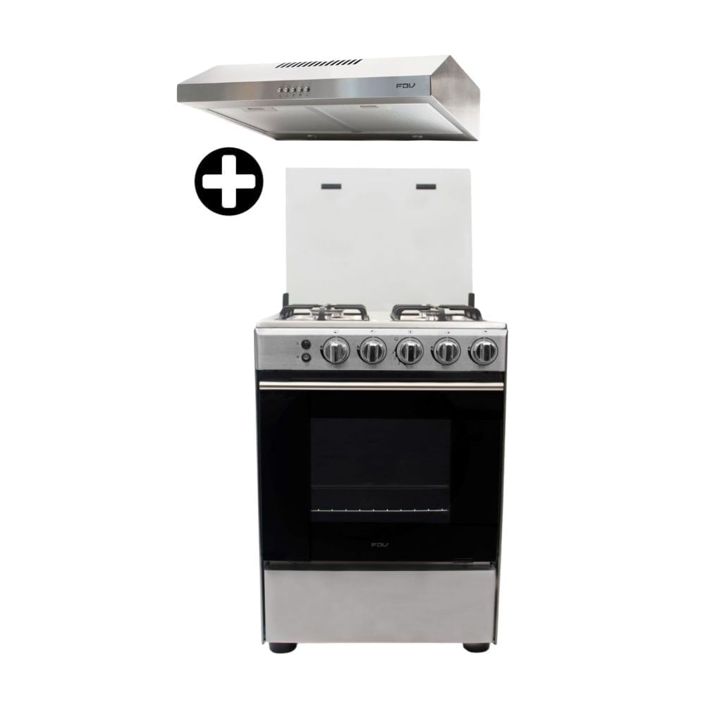 COMBO Cocina de Pie a Gas FDV Class 60 4 Hornillas Acero 60cm + Campana Empotrable FDV Class 60 Acero Inoxidable