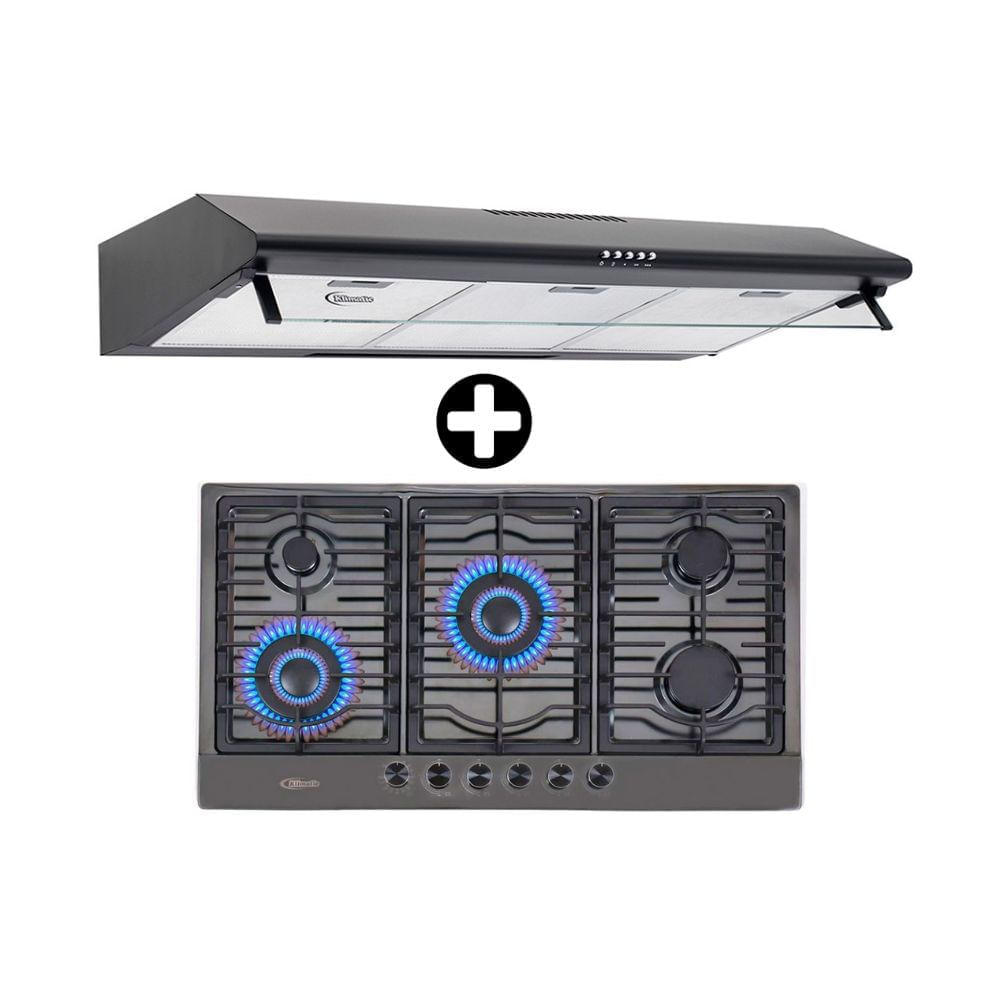 COMBO Cocina Empotrable Klimatic Alina 5 Hornillas a Gas Negro + Campana Extractora Klimatic CK902NE/M 90cm