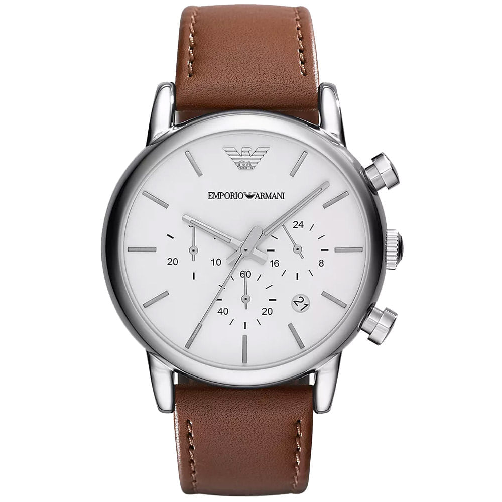 Reloj Emporio Armani Luigi AR1846 Fecha Cronómetro Correa de Cuero Marrón Dial Blanco