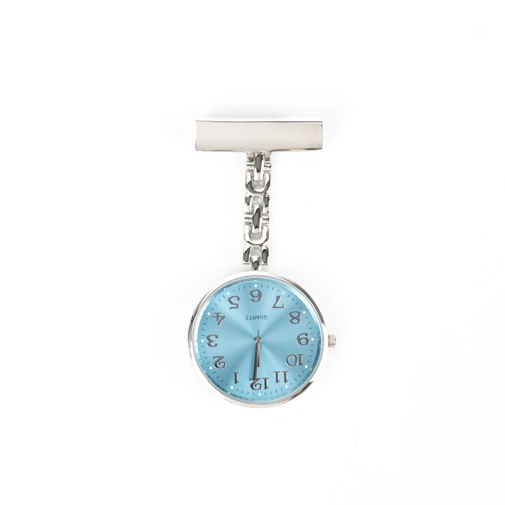 Reloj para Enfermera Elegante Plateado con Celeste con Pin Solapa