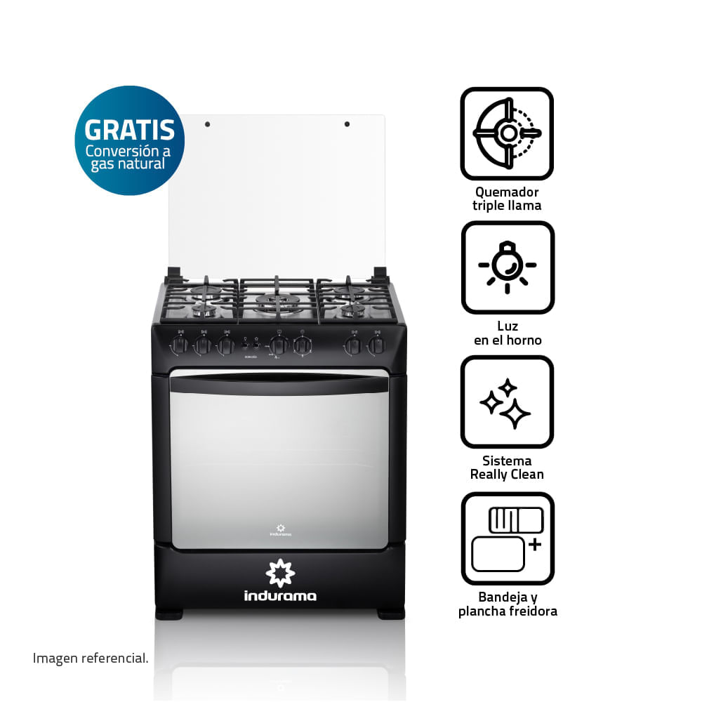 Cocina Indurama Borgoña a Gas 5 Quemadores Negra