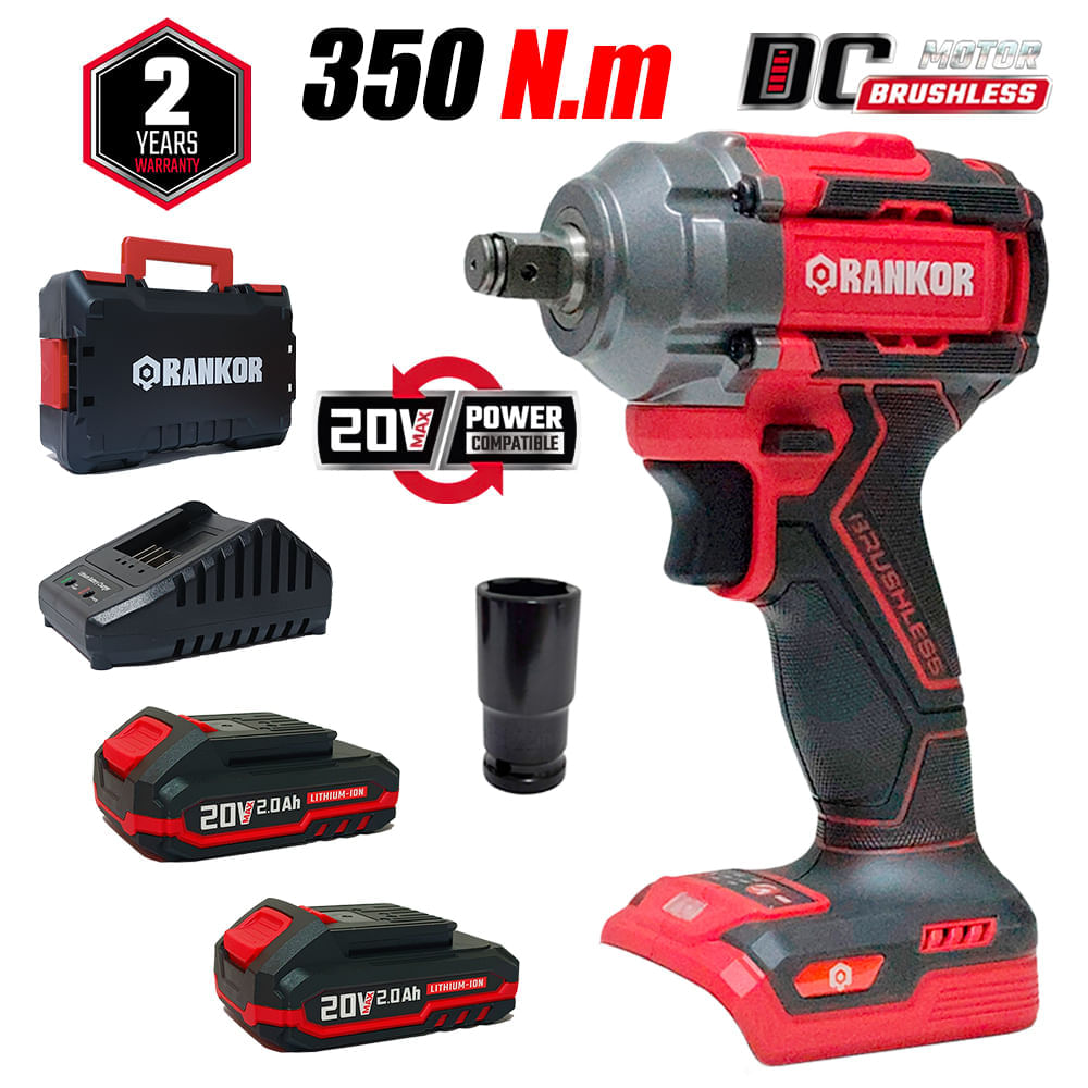 LLAVE DE IMPACTO INDUSTRIAL INALAMBRICA 1/2" RANKOR RLIW20001 20V 350NM 2BAT X 2AH BRUSHLESS