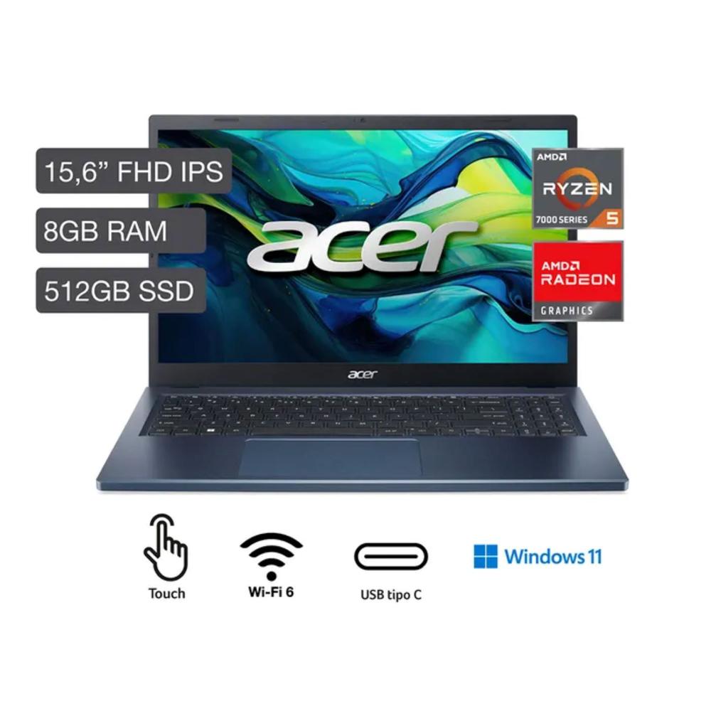 Laptop Acer Aspire 3 A315- 24PT-R85K R5 7520U 8gb 512gb 15.6 FHD Window 11 Tactil Negro