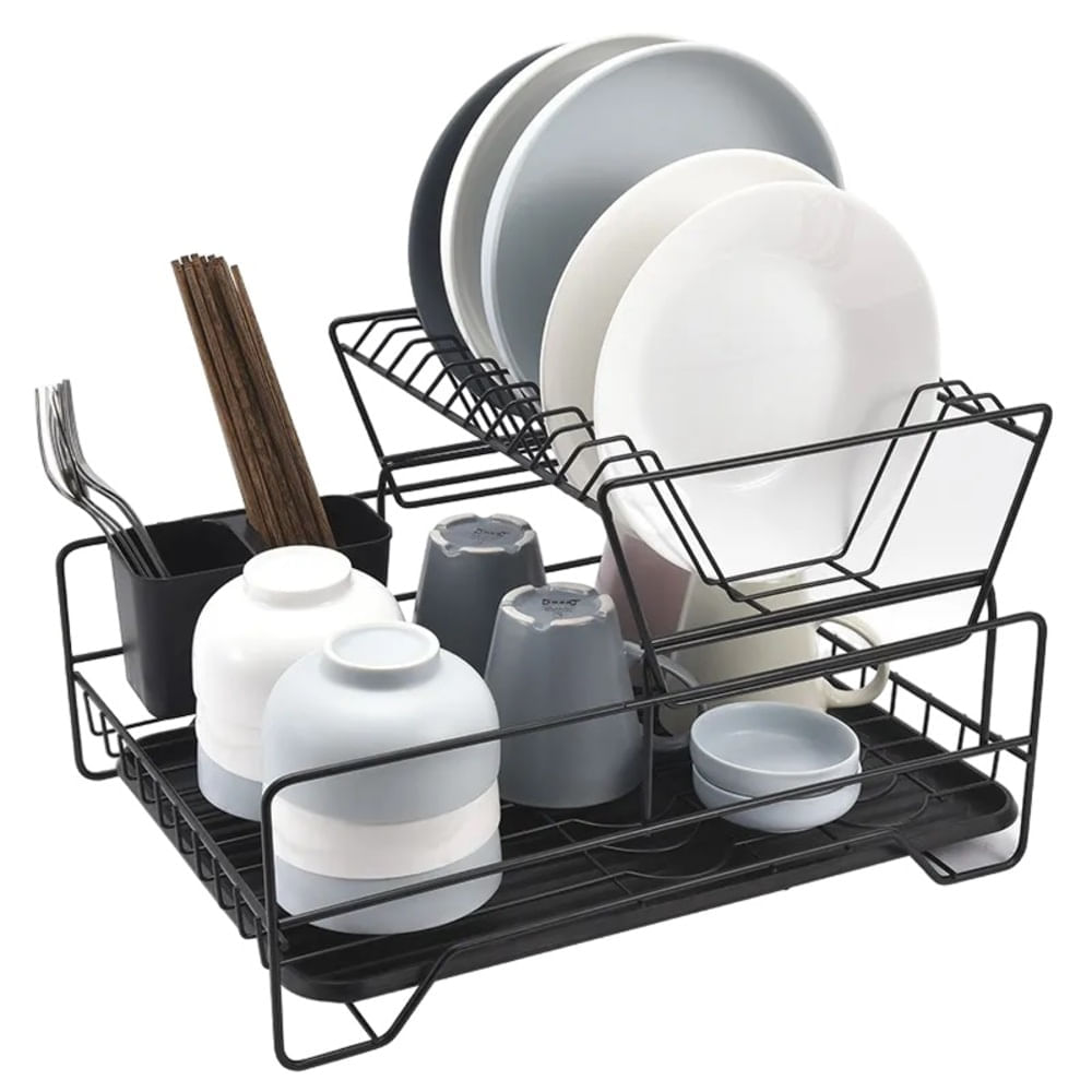 Escurridor de Platos de 2 Niveles con Porta Cubiertos y Bandeja