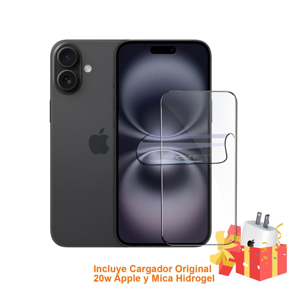 Apple Iphone 16 128Gb Version Chip Fisico Black con Mica Hidrogel y Cargador 20w Original