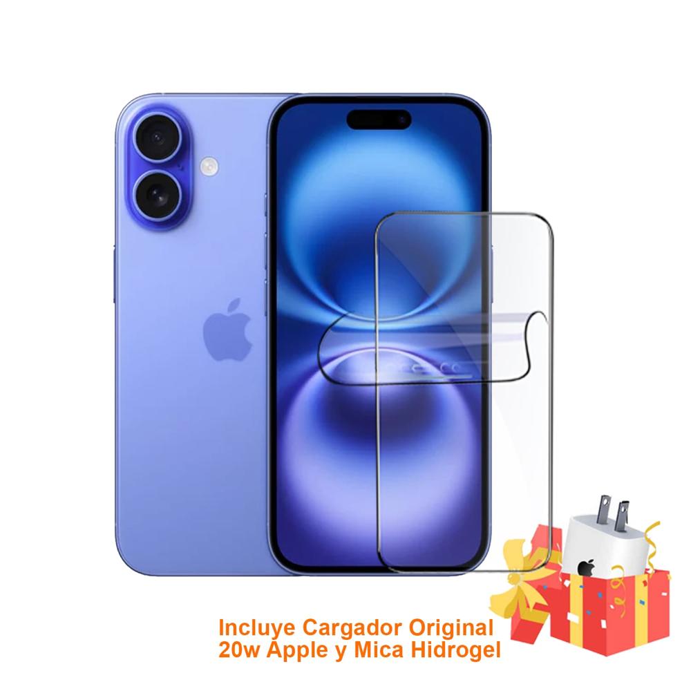 Apple Iphone 16 128Gb Version Chip Fisico Ultramarine con Mica Hidrogel y Cargador 20w Original