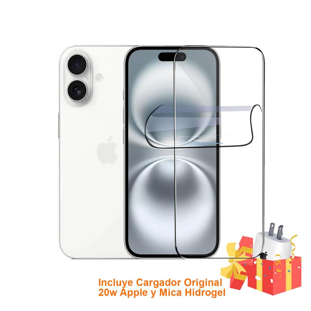 Apple Iphone 16 128Gb Version Chip Fisico Blanco con Mica Hidrogel y Cargador 20w Original