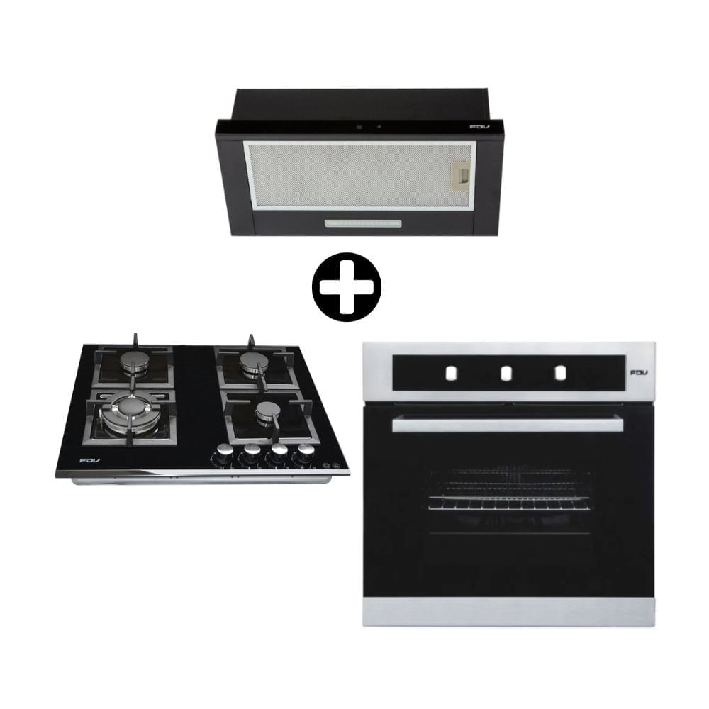 COMBO FDV: Cocina Encimera Empotrable Black 60 + Horno Empotrable a Gas Glp Neo Acero 56L Negro + Campana Extraíble Twin 60 Acero Inoxidable Negro