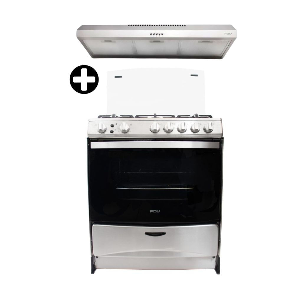 COMBO FDV: Cocina de pie a gas 30"" Expert 76 5 hornillas Acero Inoxidable + Campana Empotrable Class 90 Acero Inoxidable Gris