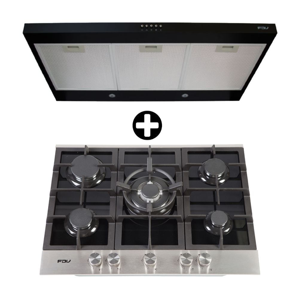 COMBO FDV: Cocina Encimera Empotrable Deluxe Chef 75 + Campana Extractora Class Acero Inoxidable 90cm Negro
