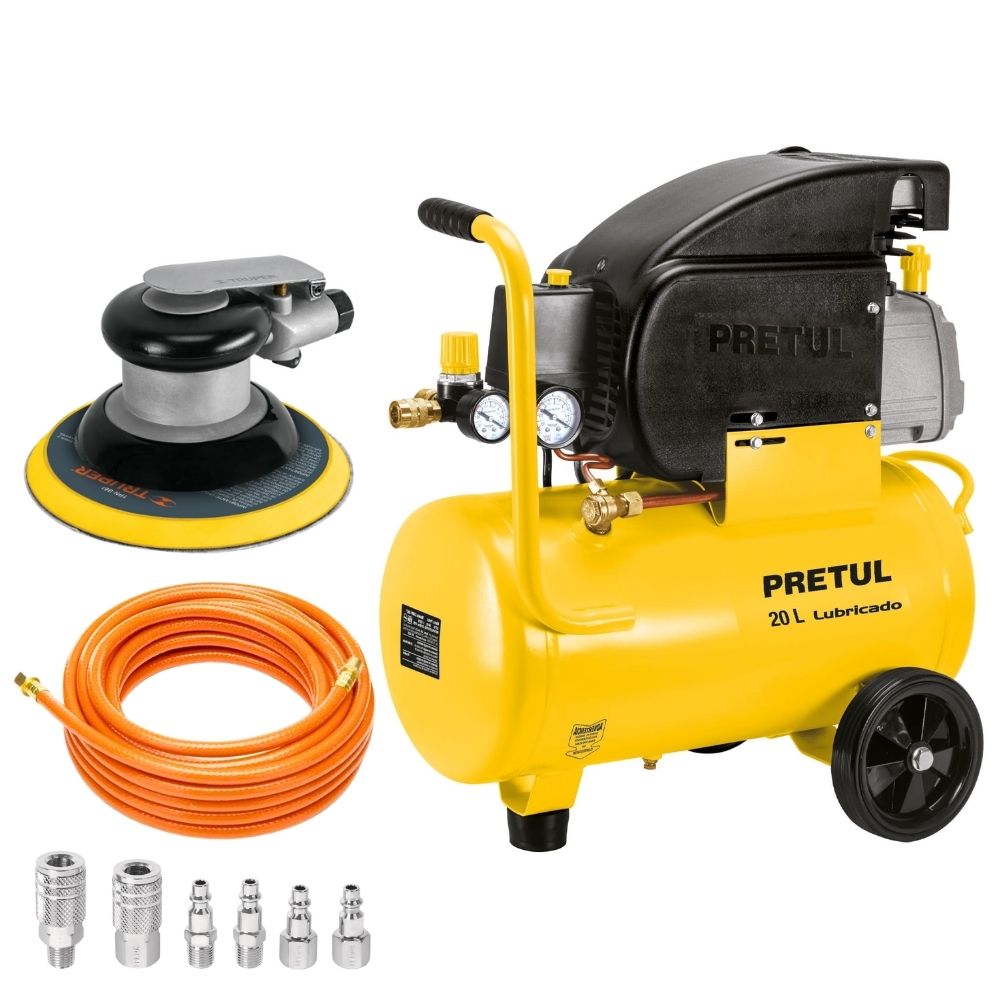 KIT Compresora de Aire 20Lt, LIJADOR ORBITAL NEUMATICO manguera