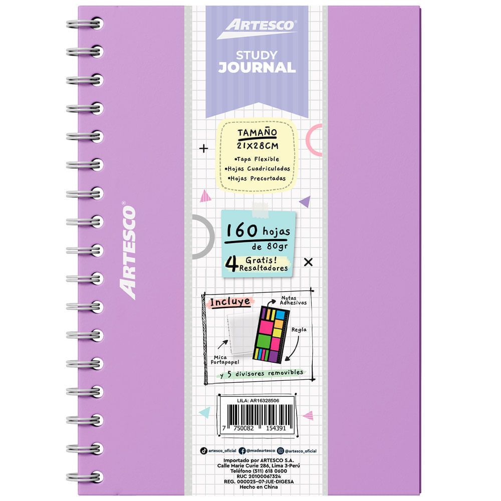 Cuaderno ARTESCO Study Journal Lila + 4 Resaltadores