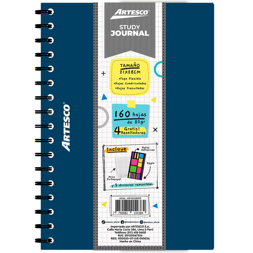 Cuaderno ARTESCO Study Journal Azul + 4 Resaltadores