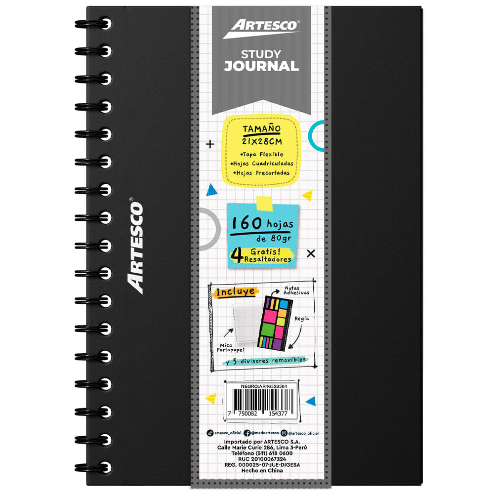 Cuaderno ARTESCO Study Journal Negro + 4 Resaltadores