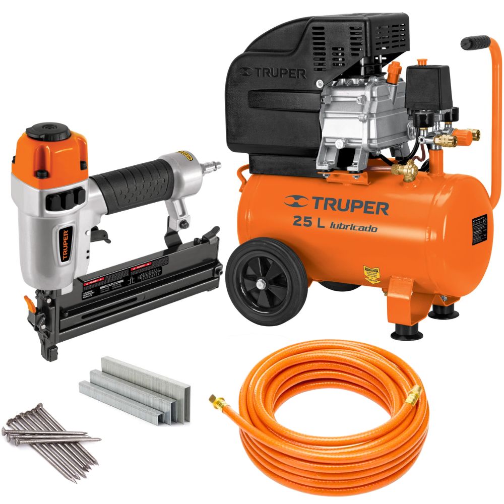 kit Compresor de aire 25L 3HP Clavadora engrapadora 18 manguera 10m