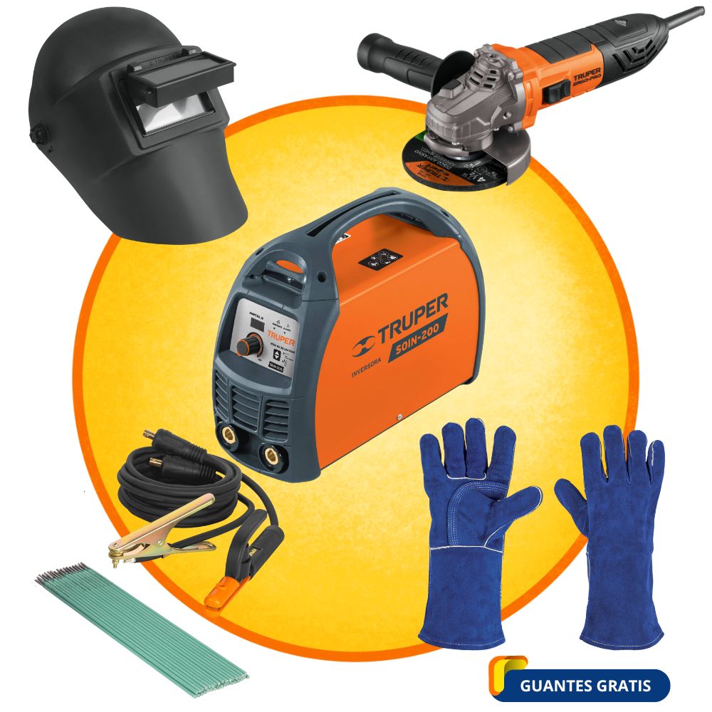 MEGACOMBO MAQUINA SOLDADOR 200A AMOLADORA ERGOPRO 850W CARETA, GUANTE