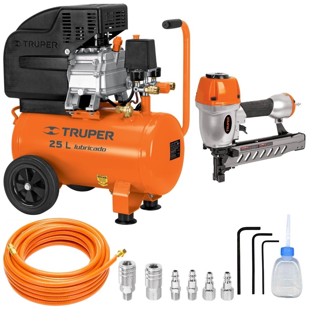 kit Compresor de aire 25L, Clavadora calibre 18, manguera de aire 5 m