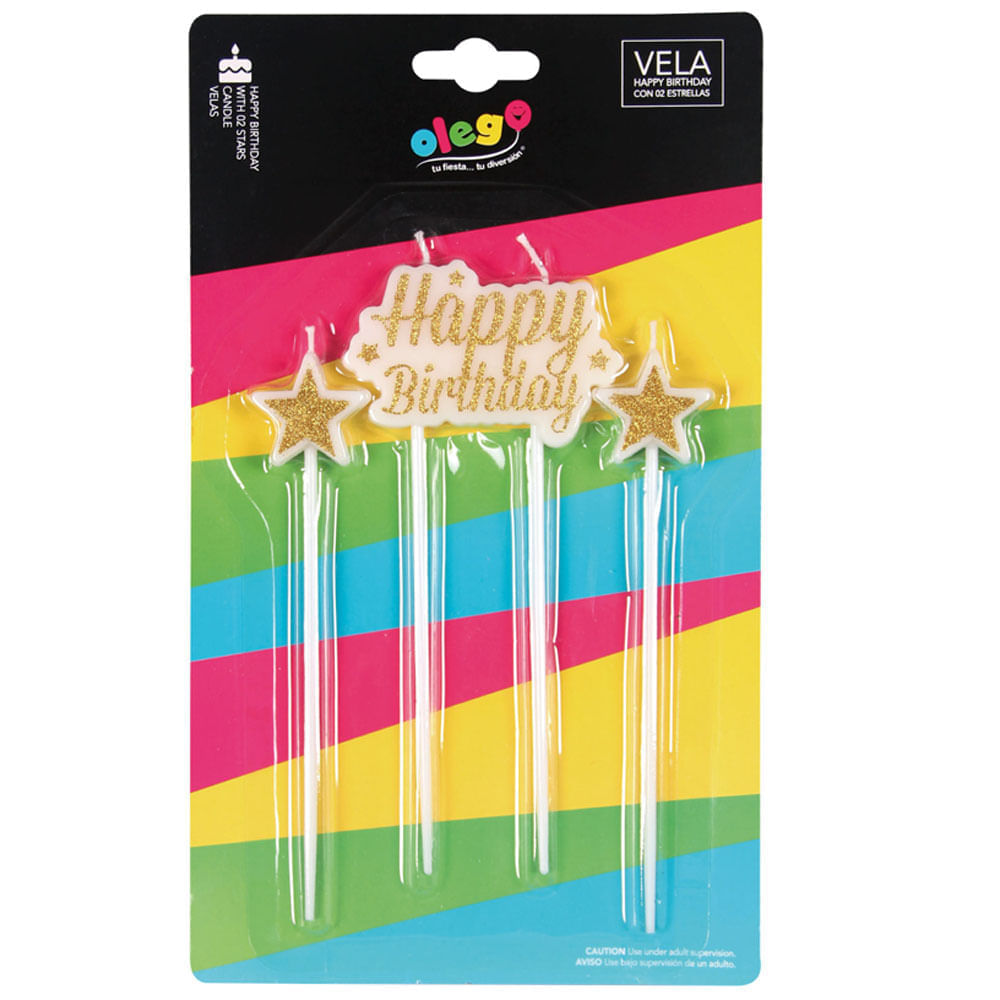 Vela OLEGO Happy Birthday Con 02 Estrellas Oro