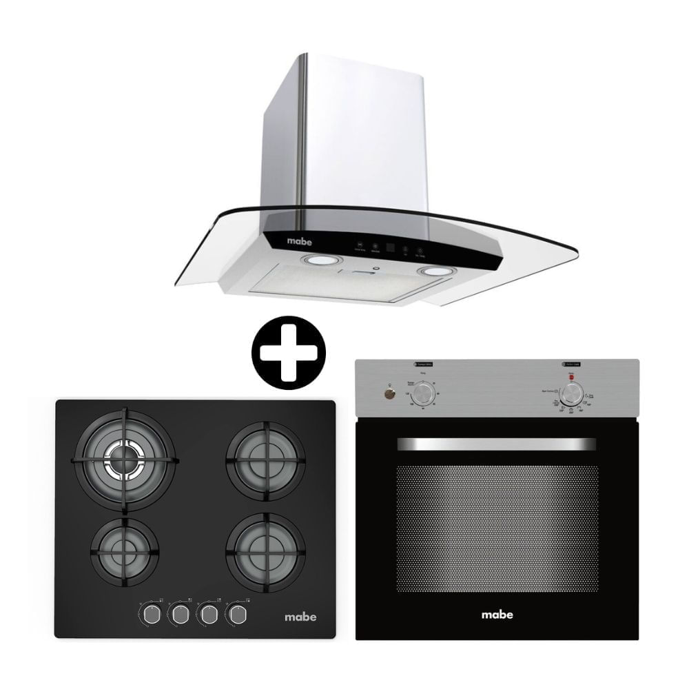 COMBO Mabe: Cocina Empotrable Negra 60 PM6045GV0 + Horno Empotrable HM6028EYAI0 Acero Plata + Campana Decorativa 60cm Inoxidable