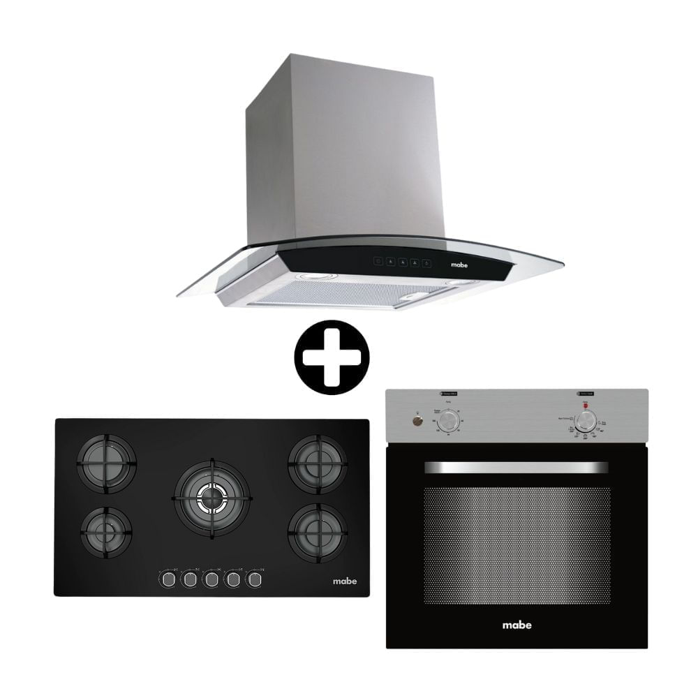 COMBO Mabe: Cocina Empotrable Negra 90 PM8655GV0 + Horno Empotrable HM6028EYAI0 Acero Plata + Campana Decorativa CM9018PIY0 Inoxidable Plata 90cm