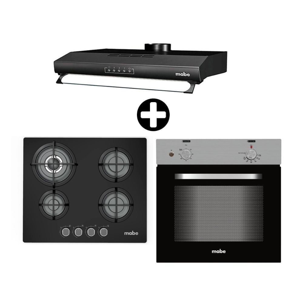 COMBO Mabe: Cocina Empotrable Negra 60 PM6045GV0 + Horno Empotrable HM6028EYAI0 Acero Plata + Campana 60Cm Cmu6020Pb0 Black