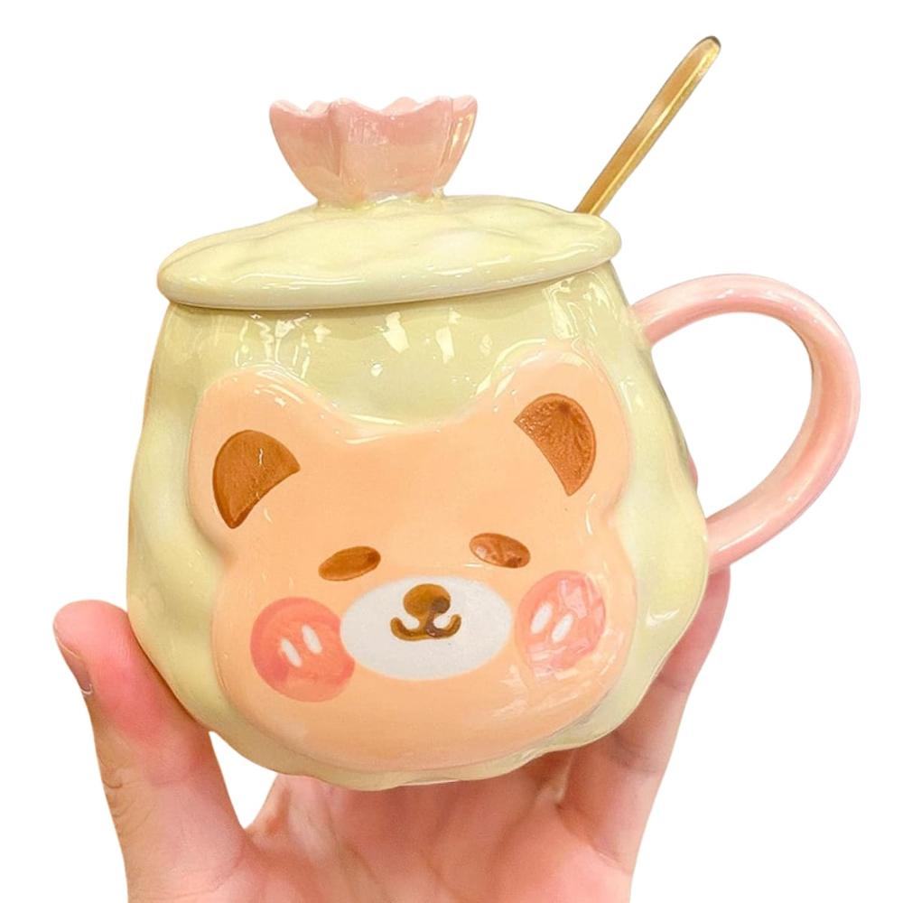 Taza Con Tapa y Cuchara Diseños De Osos Kawaii Beige 256TBG01