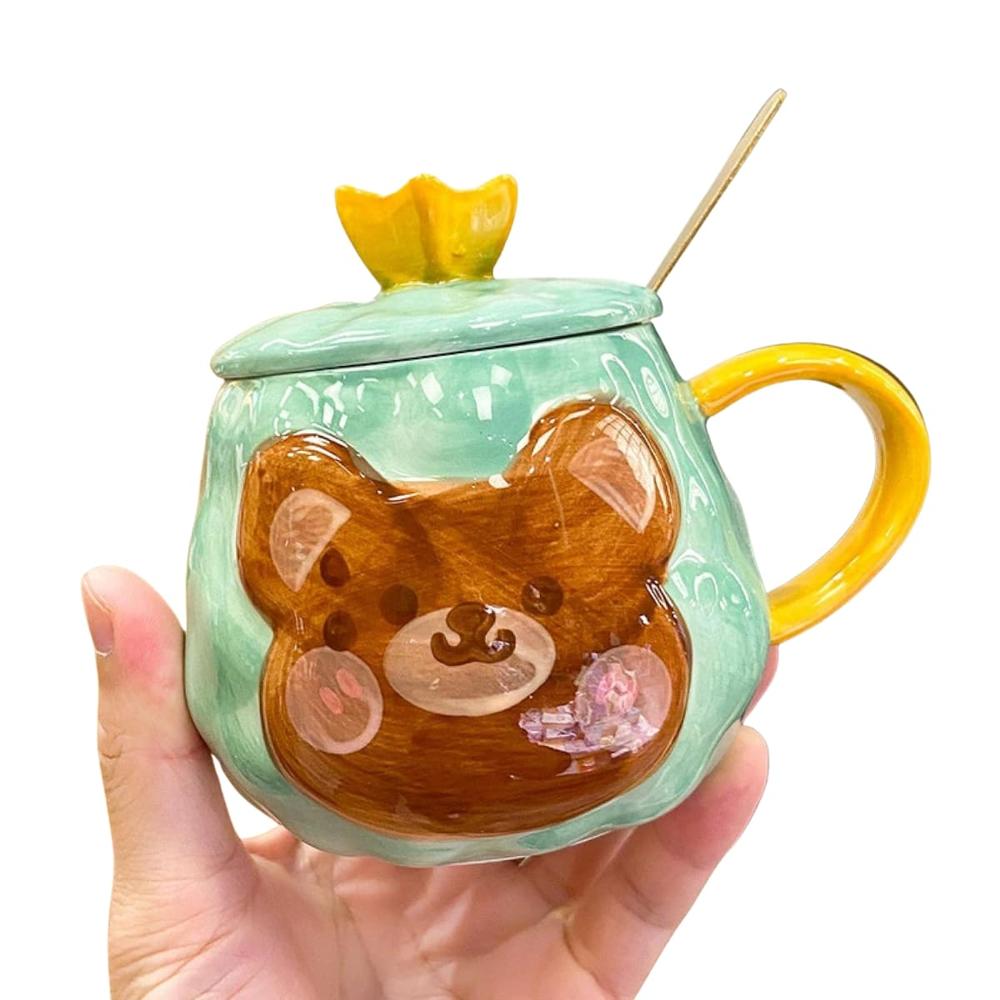 Taza Con Tapa y Cuchara Diseños De Osos Kawaii  Verde  259TZVR01