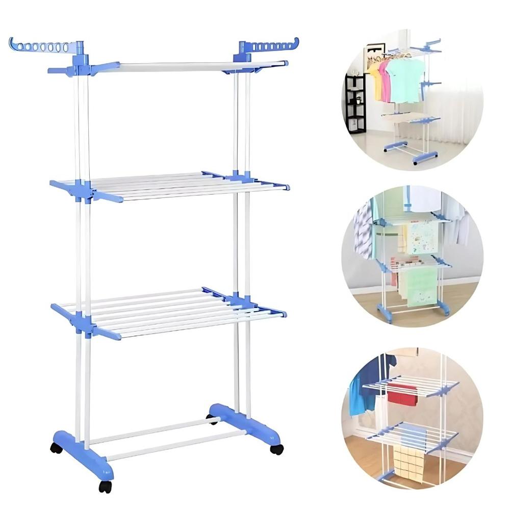 Tendedero de Ropa de 4 Niveles Plegable con Ruedas Celeste