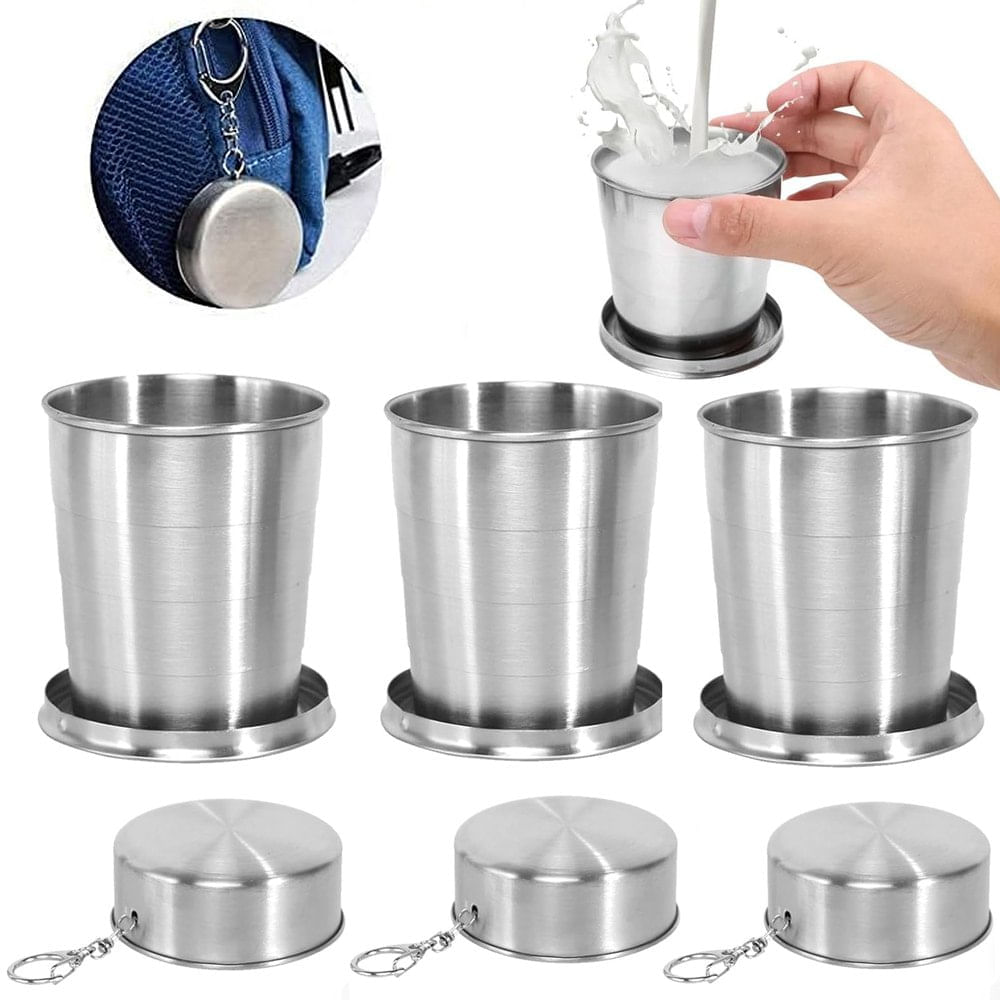3 Vaso Plegable de Acero Inoxidable 8cm con Llavero Reutilizable 140ml